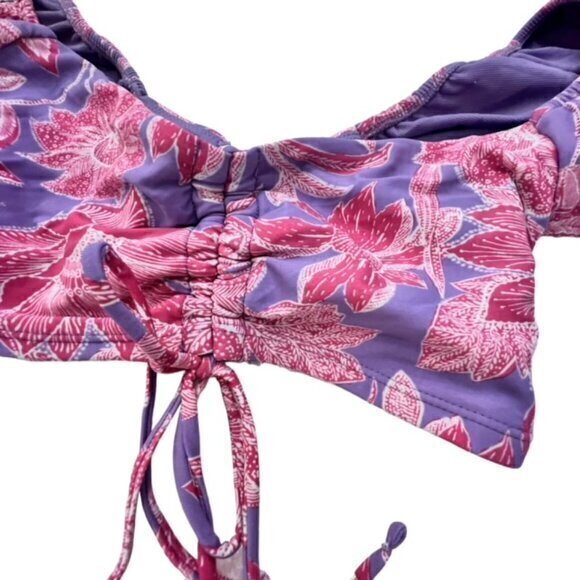 Pink Purple Floral Bikini Swim Top Size Medium Stretch Adj Straps Puff Sleeves - Picture 3 of 10